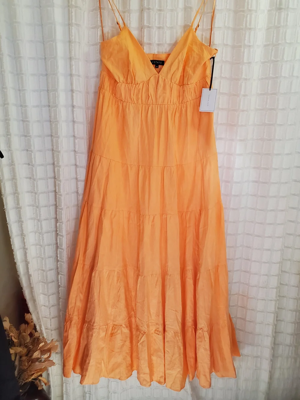 1. State Peach-Orange Tiered Spaghetti-Strap Midi Dress With Pockets - Picture 2 of 9
